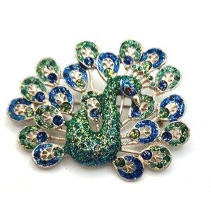 Vintage Peacock Brooch Blue, Green Sparkle Resin Feathers and Body and Gold Spar